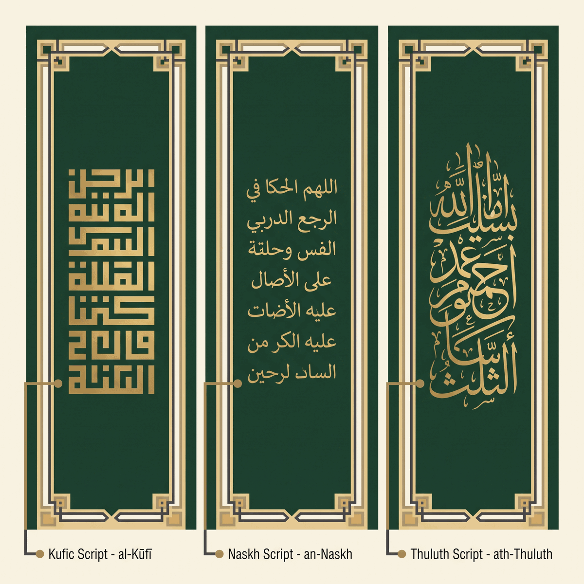 Arabic calligraphy styles (Kufic, Naskh, Thuluth)
